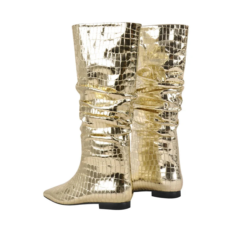 Onlymaker Women Gold Pointed Toe  Pleated Flat Knee High Boots  Block Heel Pull-On Metallic Fashion Warm Winter Boots