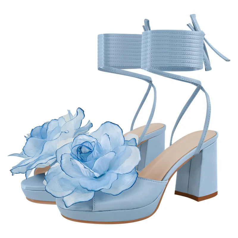 Women Platform Pink Flower Lace-UP Open Toe  Chuny Heeled   Summer Sandals