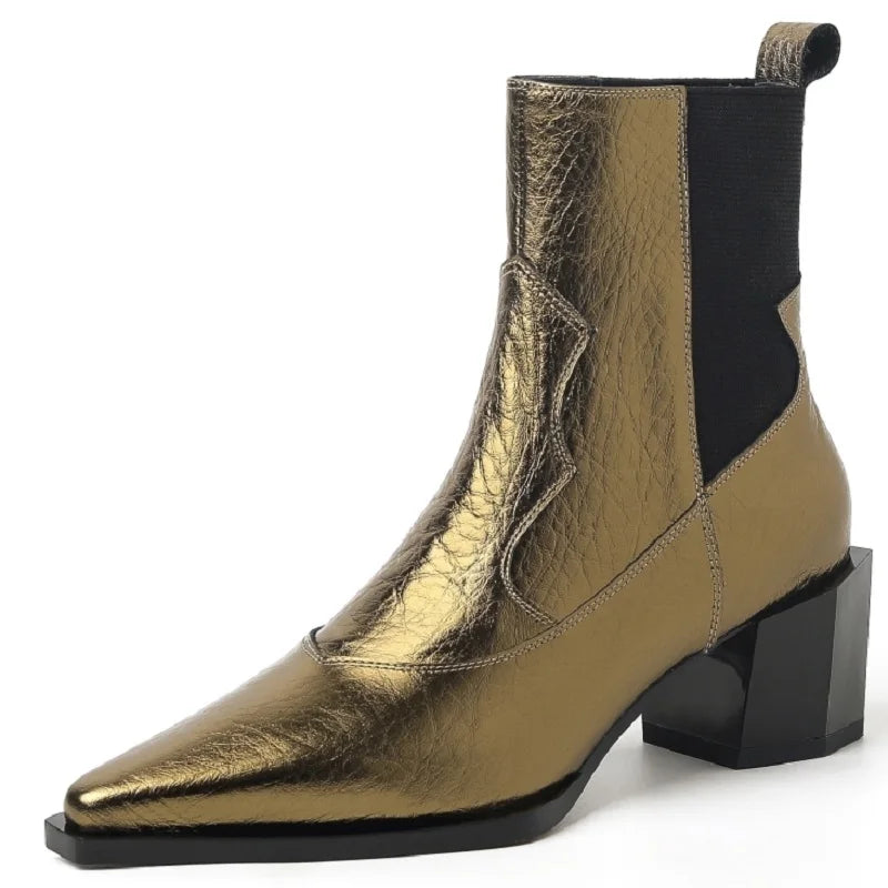 Brand Genuine Leather Pointed Toe High Heel Chelsea Boots Women's Winter British Style Coarse Heels Slip-On 33-40