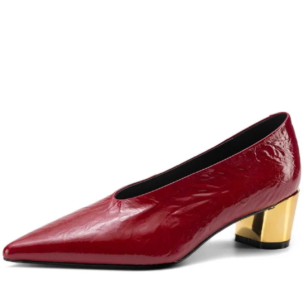 Sexy Handmade Genuine Leather New Designer Vintage Evening Shoes Ladies Pointed Toe V Cut Woman Shoes Mid Heel