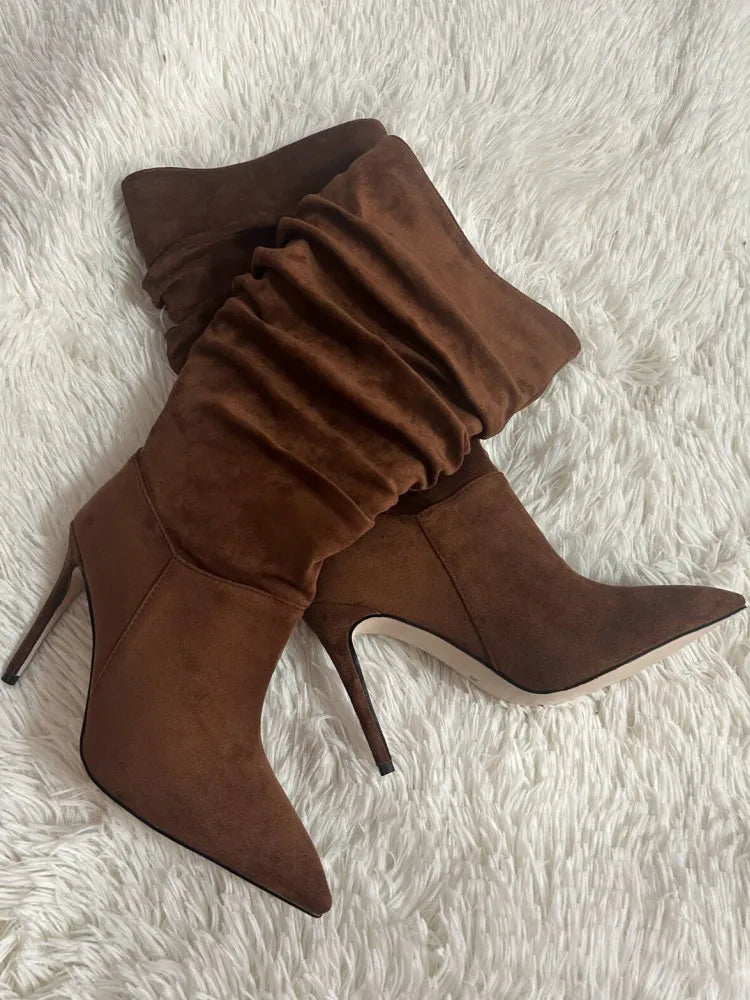 2026 Women's Autumn and Winter New Pleated High-heeled Short Boots with Pointed Sleeves, Women's 35-47 Large Mid Length Boots