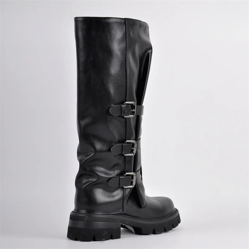 Women Round Toe Black Matte Ruched Knee High Heel Pull on Boots Buckle Strap Punk Boots