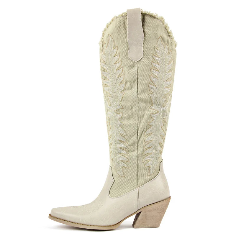 Onlymaker Pointed Toe Side Zipper Embroidered Western Boots  Knee High with Chunky Heel Embroidery Canvas Cowgirl Boots