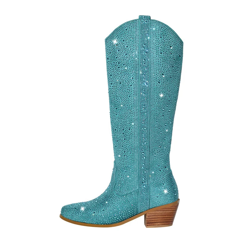 Onlymaker Women Rhinestone Boots Silver Knee High Western Cowgirl Boots Glitter Bling Shiny Pointed Toe Block Heel Lady Booties