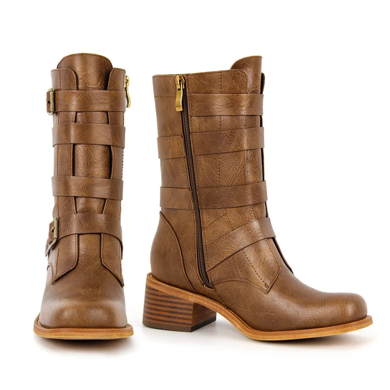 Women Round Toe Mid-Calf Boot Matte Brown Thick Heels Zipper Winter Big Size Buckle Boots