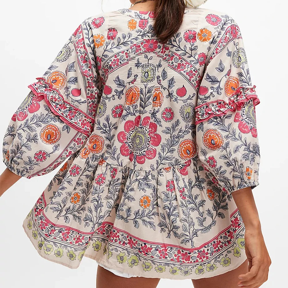 Women Y2K Boho Floral Puff Sleeve Peplum Tunic Blouse Vintage Front Tie Up Button Shirt Flower Ruffle Trim Loose Fit Dressy  Top