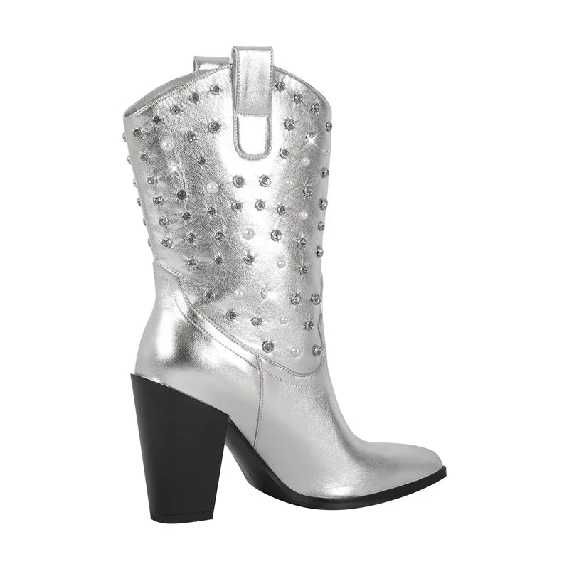 Onlymaker Women Pointed Toe Mid-Calf Boot Sliver Thick Heels Zipper Winter Plus Size Cowboy Boots