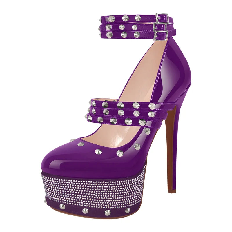 Women Rivet Platform Patent Leather Rhinestone Pumps High Heeled Big Size Ankle Straps Women Stiletto Pumps