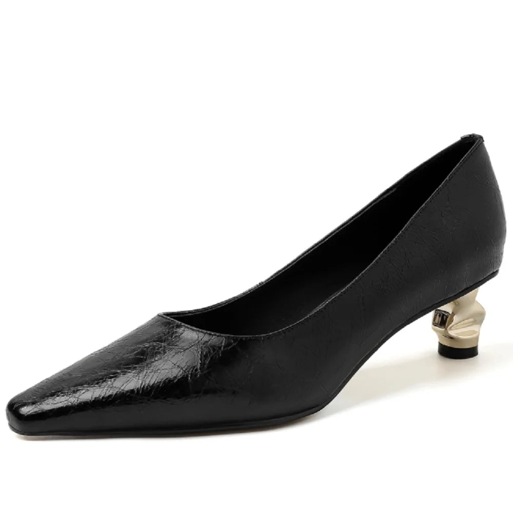 Bright Golden Mid Heels Handmade Genuine Leather Soft and comfortable Mature Lady Daily Office Pumps 33-40