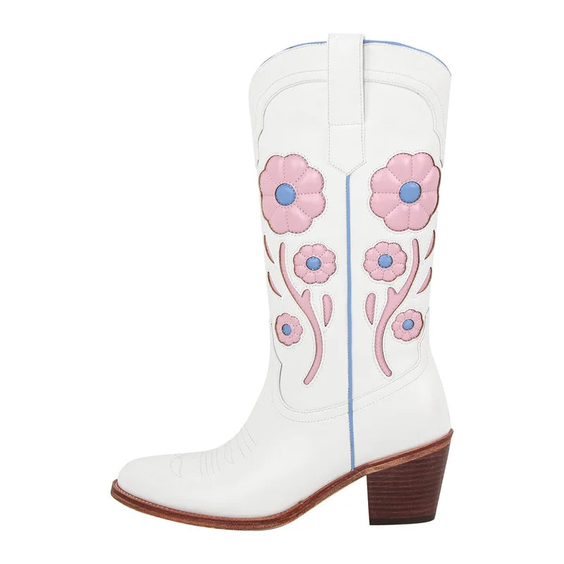 Onlymaker Women Pointed Toe Mid-Calf Boots  Western Flower Cowgirl Boots Comfy Pull-ON Big Size Cowboy Boots