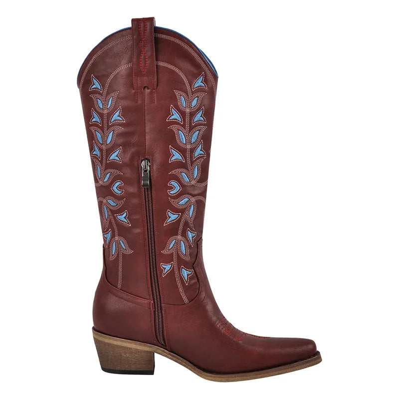 Onlymaker Women Western Cowboy Boots Pointed Toe  Embroidered  Block Heel Fashion Side Zipper Cowgirl Boots