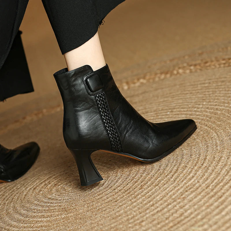 Handmade Genuine Leather Sexy Soft and comfortable Ankle Boots Women Retro Pointed Toe Chunky Short Boot