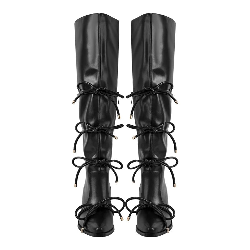 Onlymaker Women Black Matte Bow Strap Chunky Heel Knee High Boots  Big Size Comfy Women Cowboy Boots