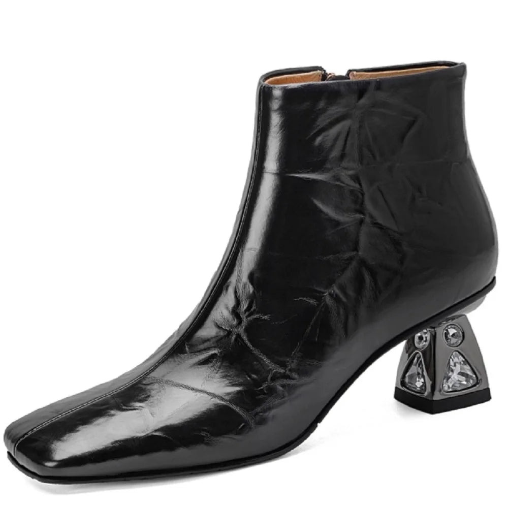 New Women Handmade Genuine Leather High Heels Zipper Boots Autumn Winter Square Toe Strange Heel Ankle Boot 34-40