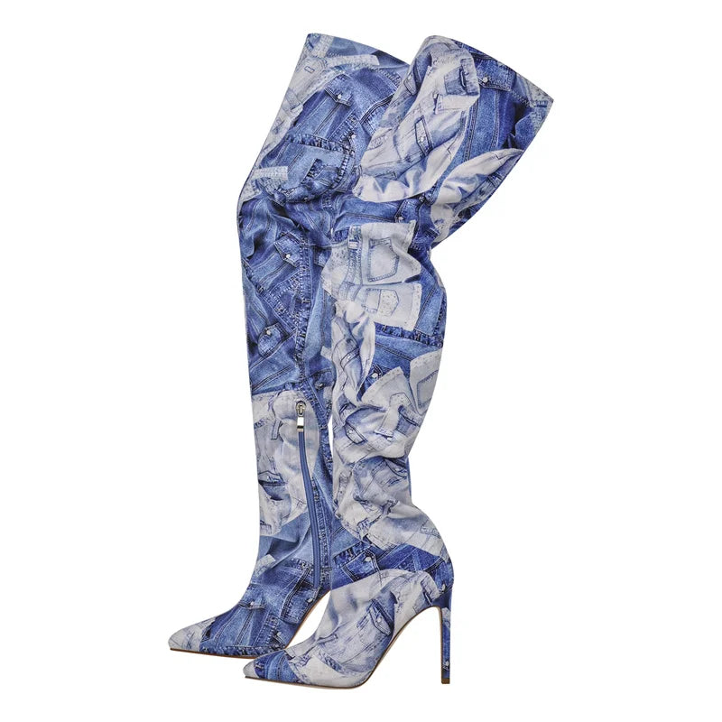 Onlymaker Womens Mixed Colors Over The Knee Boots Thin Heel Fashion CamouflageThigh High Boots