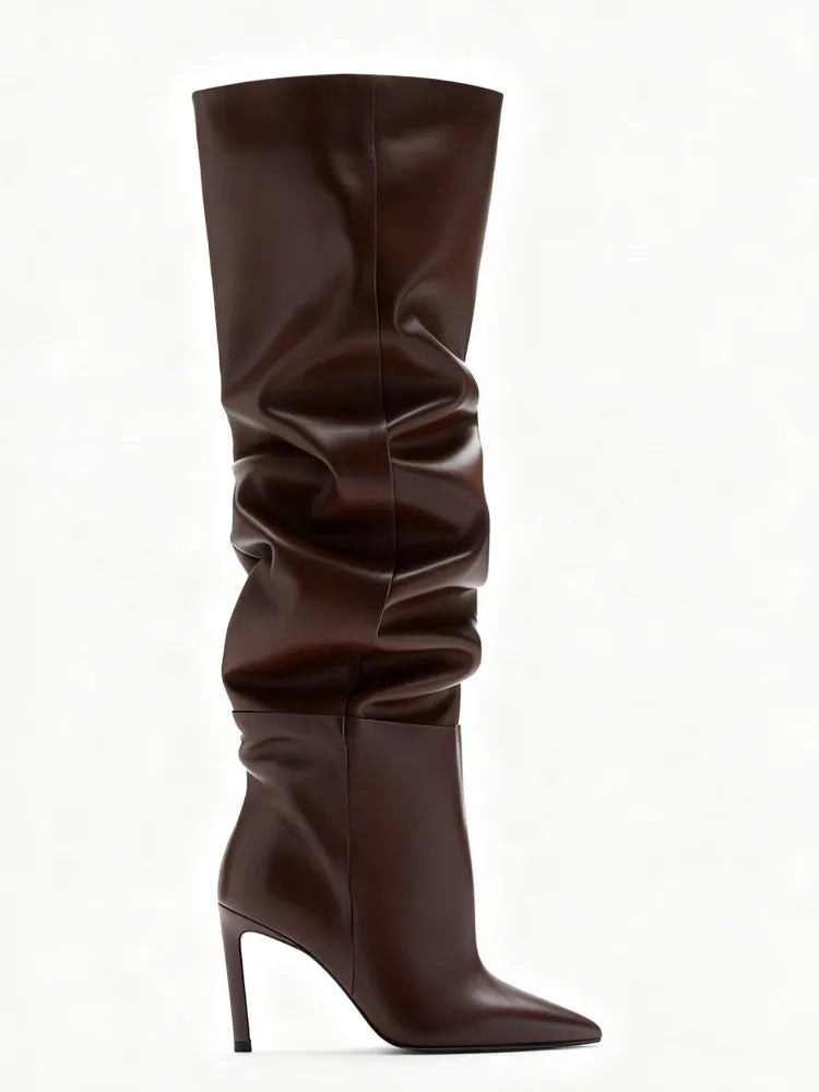 Fashion Pointed High Heels with Pleated Pile Boots, Size 46 Knee High Boots for Women, High Tube Boots