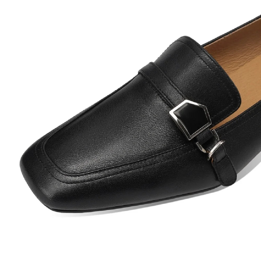 Women's Handmade Retro Versatile SquareToe Soft Genuine Leather Comfortable Chunky Heel Temperament Shoes 33-43