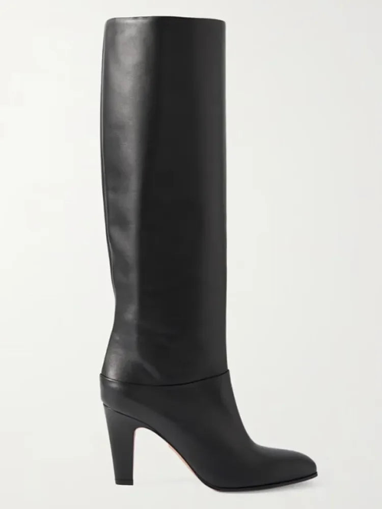 Ladies' Autumn and Winter Knee Length Boots, Round Toe Fashionable Leather Slim Fit High Heels, Size 34-46 Medium Length Boots