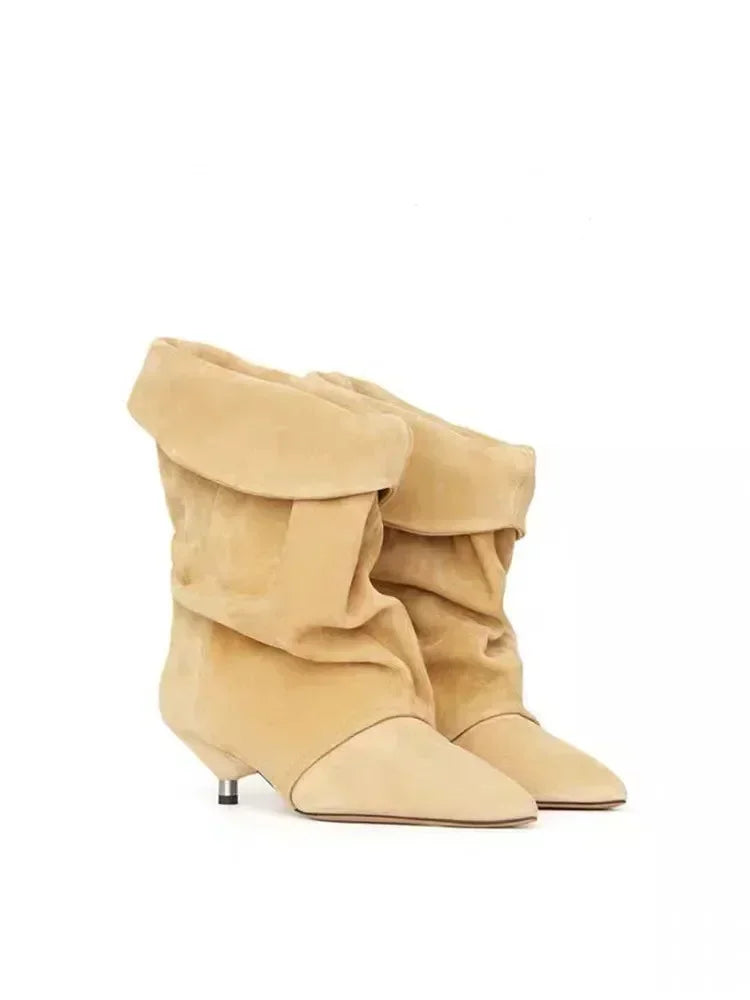 Women's Autumn and Winter New 5cm Slim Heel Fringed Calf Boots with Pointed Pleats, Women's Knight Boots, Mid Leg Boots