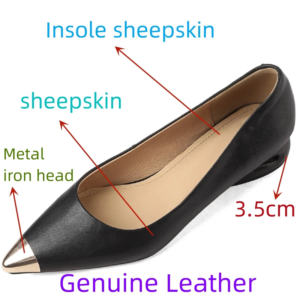 Handmade Genuine Leather Low Heel Metal Pointed Toe Soft Leather Flat Comfortable Women's Shoes Seasonal Slippers
