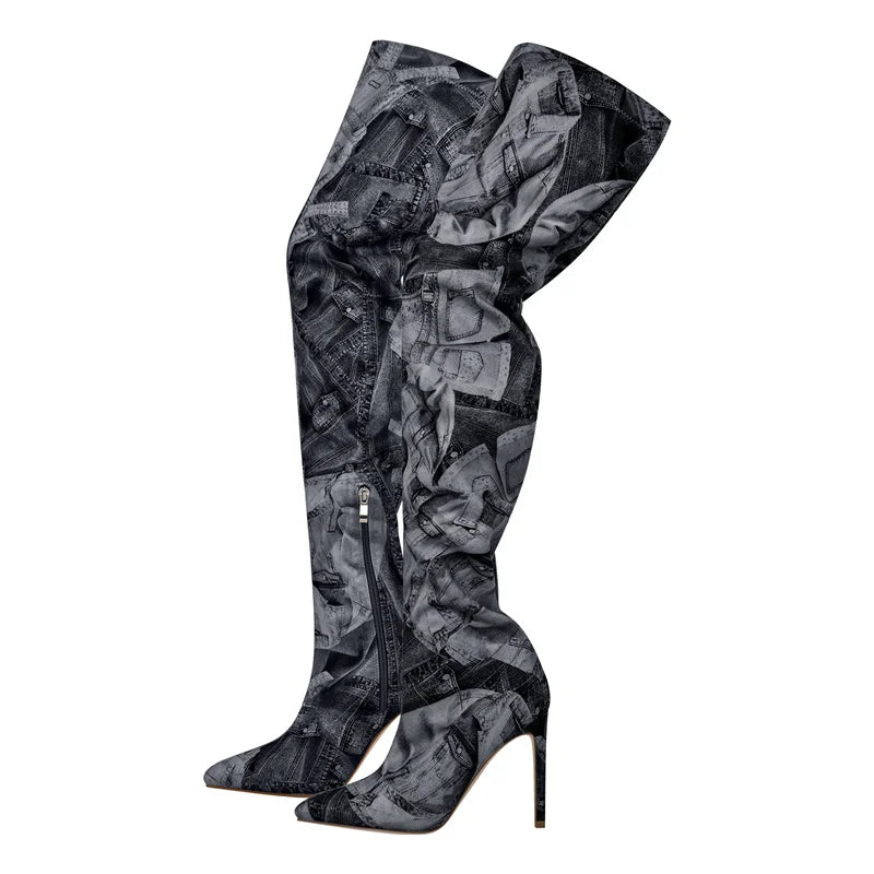 Onlymaker Womens Mixed Colors Over The Knee Boots Thin Heel Fashion CamouflageThigh High Boots