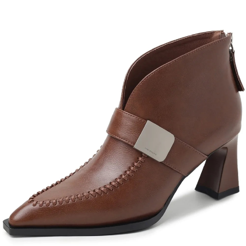 New Handmade Genuine Leather Soft and comfortable Pointed Toe Boots Chunky High Heels Shoes Ankle Boots 33-40