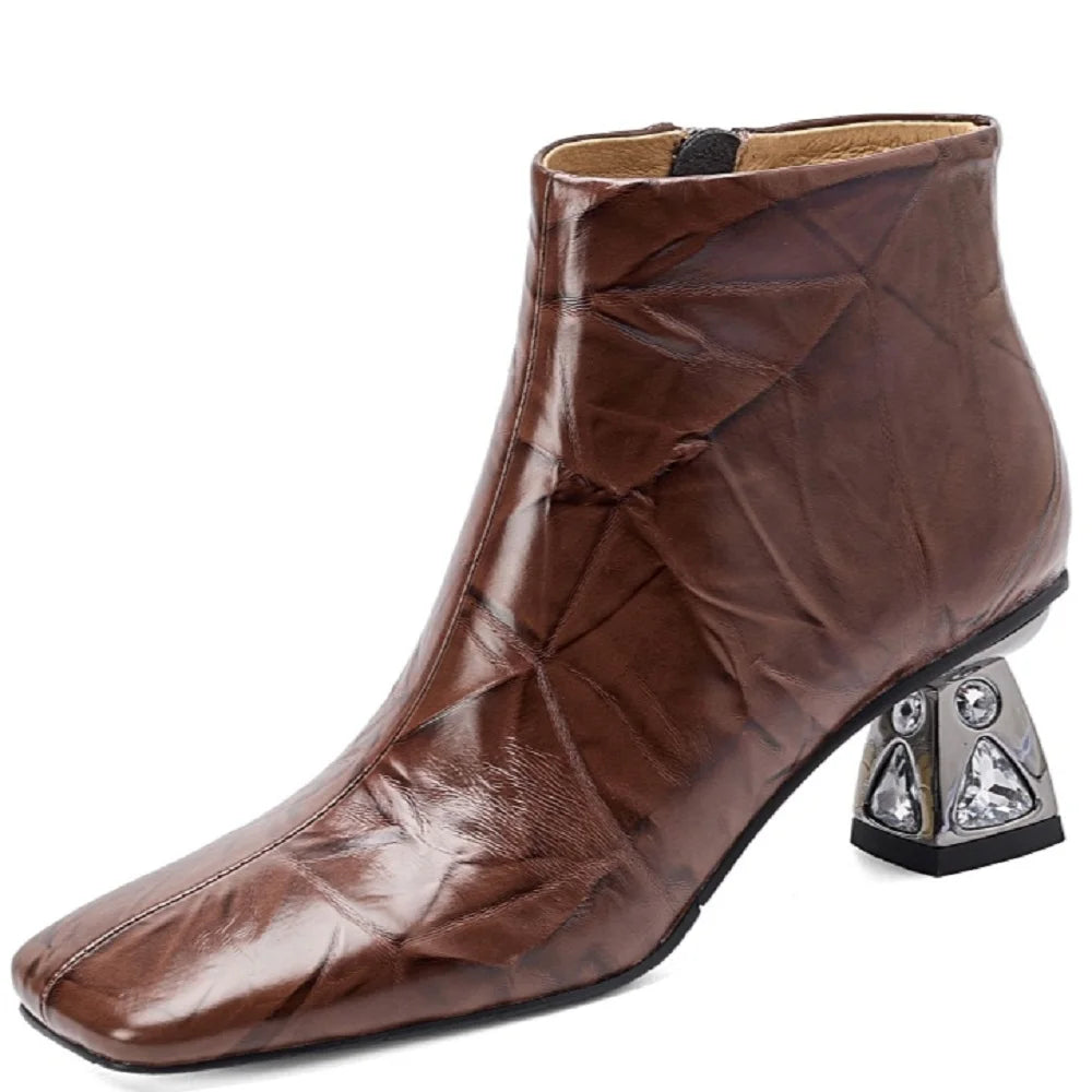 New Women Handmade Genuine Leather High Heels Zipper Boots Autumn Winter Square Toe Strange Heel Ankle Boot 34-40