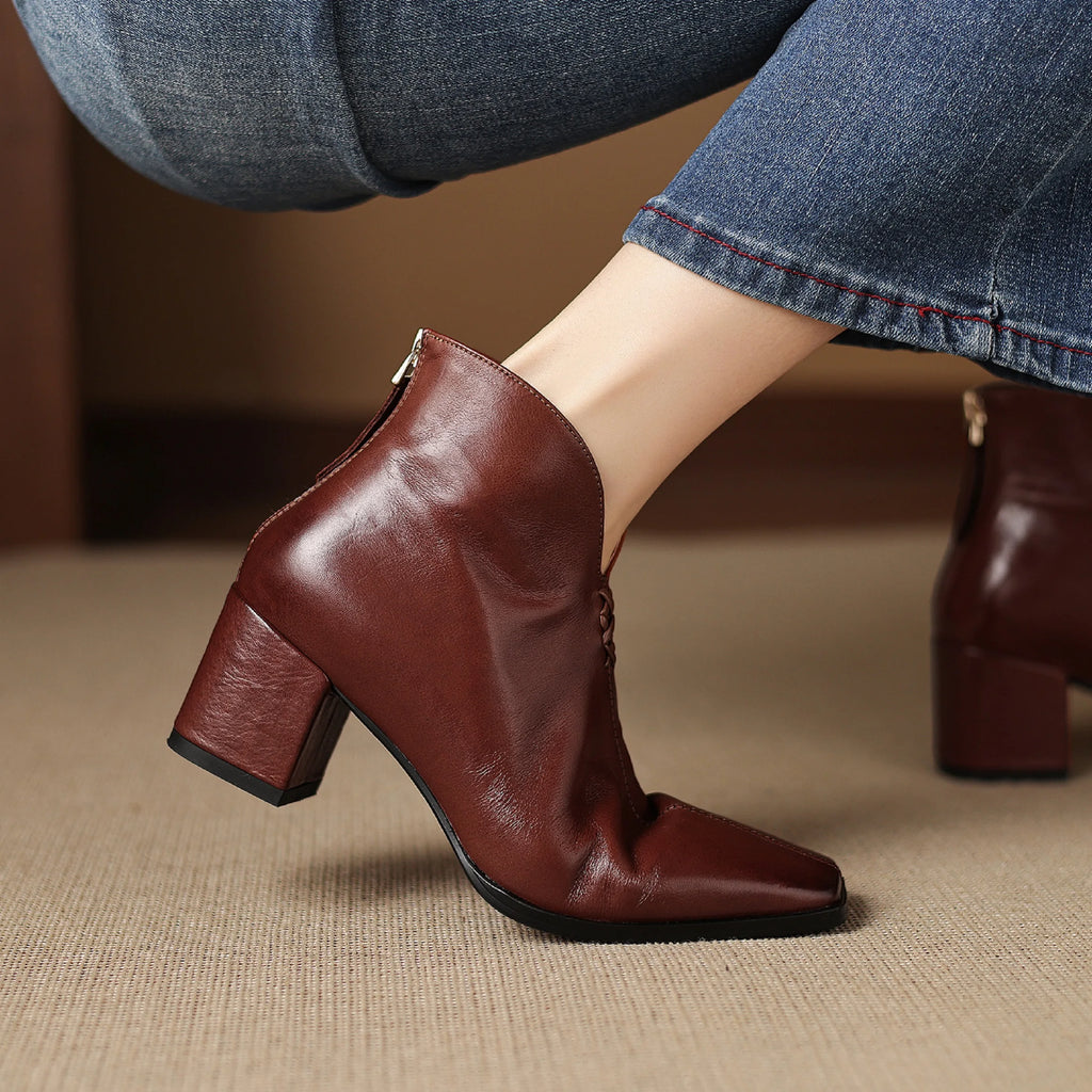 Women Handmade Genuine Leather Square Toe Ankle Boots Solid Womens Short Boots Modern Ladies Shoes 34-40