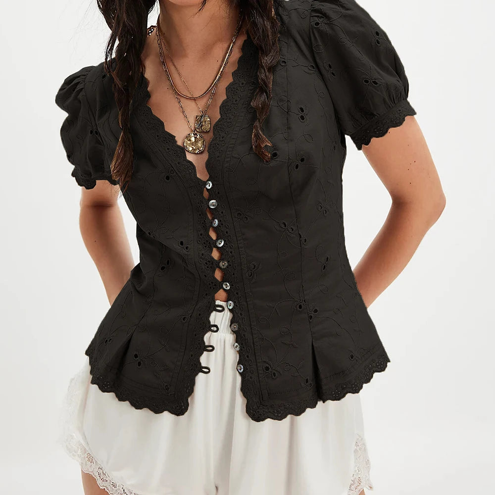 Women Summer Puff Short Sleeve Embroidered Eyelet Peplum Blouse Button Up Smocked Babydoll Crop Tops Going Out Shirts Streetwear