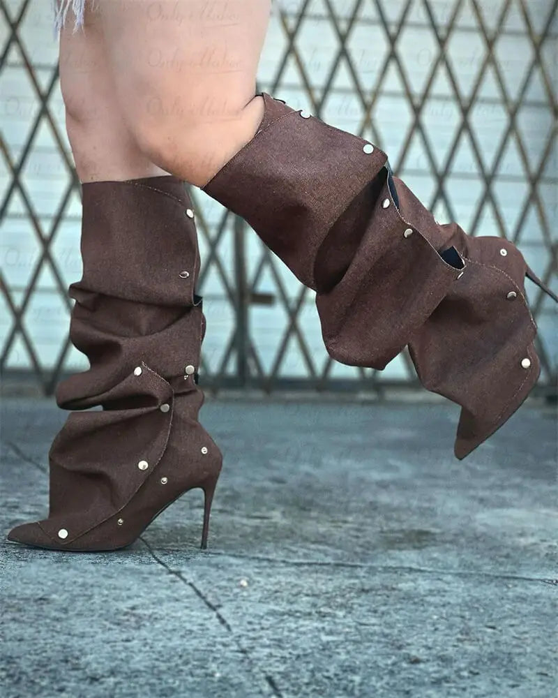 Onlymaker Women Pointed Toe Pleated Thin Heel Knee High Boots Back Zipper Fashion Buttons Stiletto Removable Boots
