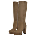 Onlymaker Women Round Toe Platform Knee High Boots Chunky Heel Boots With Side Zipper Concise Tall Modern Boots