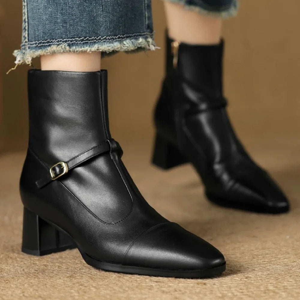 Women Handmade Genuine Leather Soft and comfortable Mid heel Ankle Boots Thick Square toe Cowboy Shoes 34-42