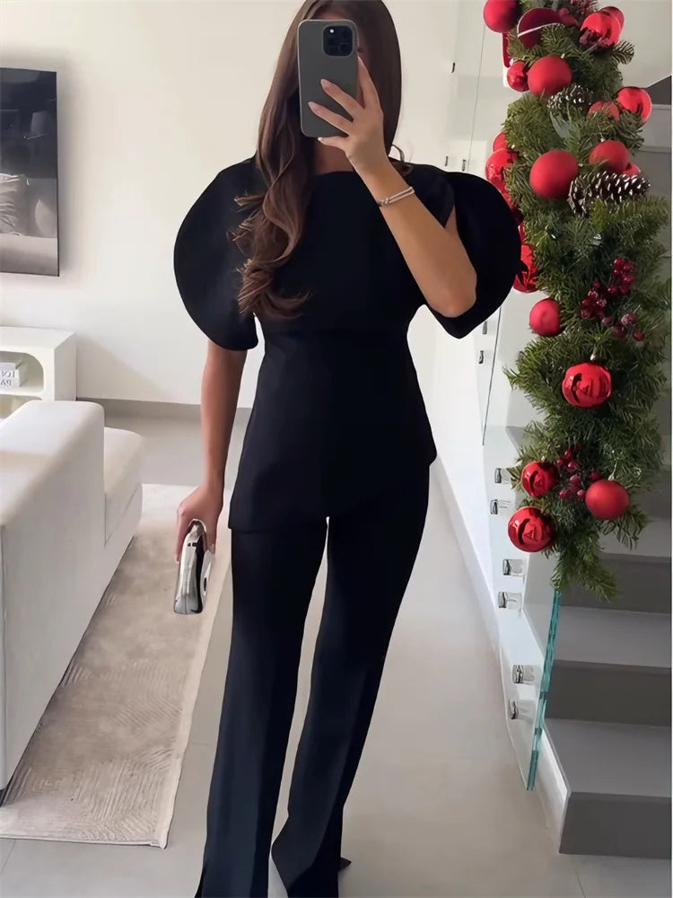 Black Knit Loose Pullover Sweater Female Short Sleeve Patchwork Commute High Waist Solid Top Clothes Women's Knitwear Top