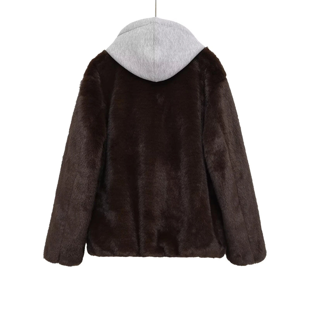 2025 Winter New Fashionable Sweet Loose Splicing Artificial Fur Zipper Hooded Jacket for Women