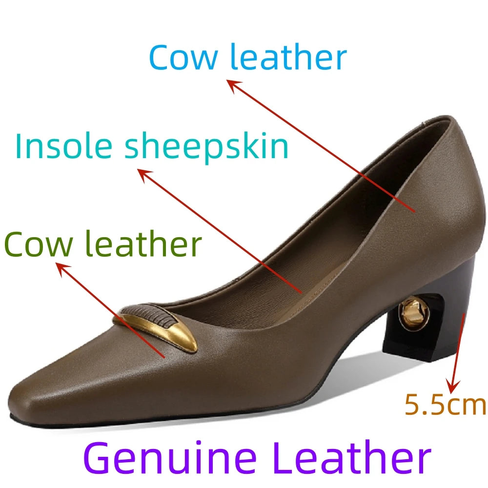 Women Handmade Genuine Leather Shoes Female Mid Heels Square Toe Shallow Office Lady Tacones Career Capable 33-43