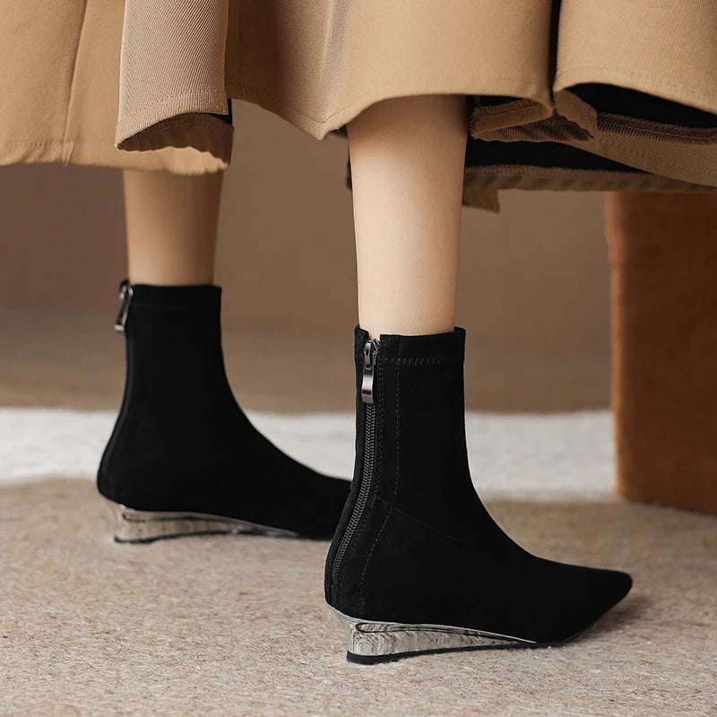 Women's Handmade Classic Black Ankle Boots Shoes Pointed Toe Low Heels Short Boots Comfortable Dress Shoes 34-42