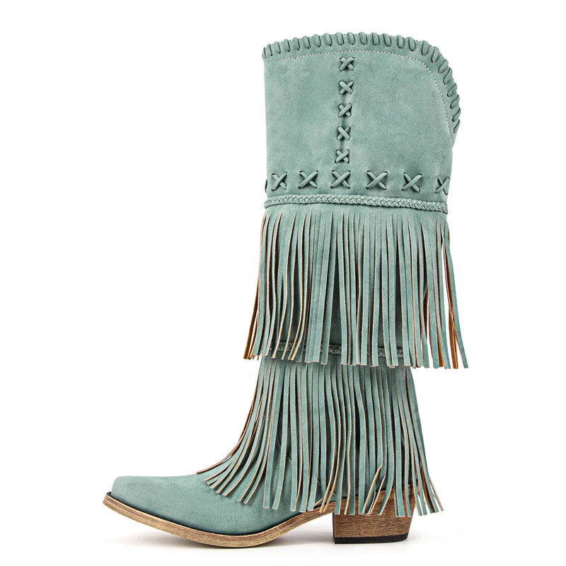 Onlymaker Women Pointed Toe Fringe Pull On Retro Western Cowgirl Boots Fringed Chunky Heel Embroidery Cowboy Boots