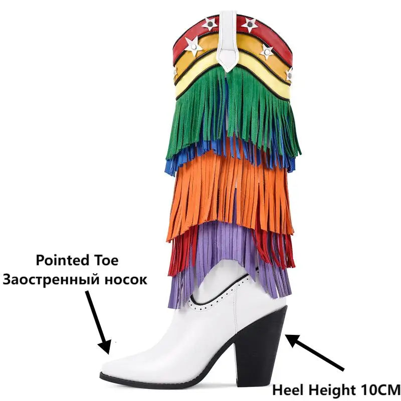 Onlymaker Women Pointed Toe Fringe Rainbow Pull-On Cowboy Boots Knee High Cowgirl Boots