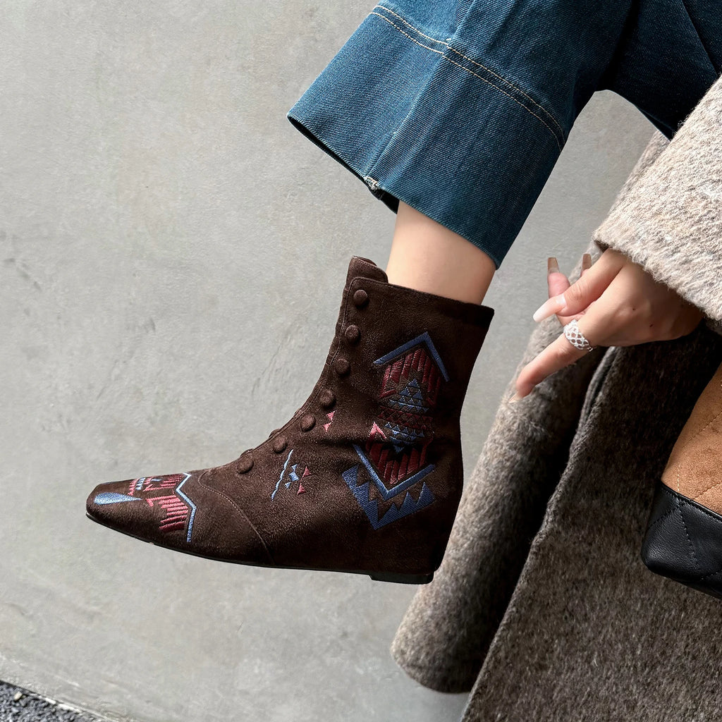 Handmade Genuine Leather Embroidered Boots Tube Low Heel Women Footwear Winter Season Square Toe Slope Heel 33-40