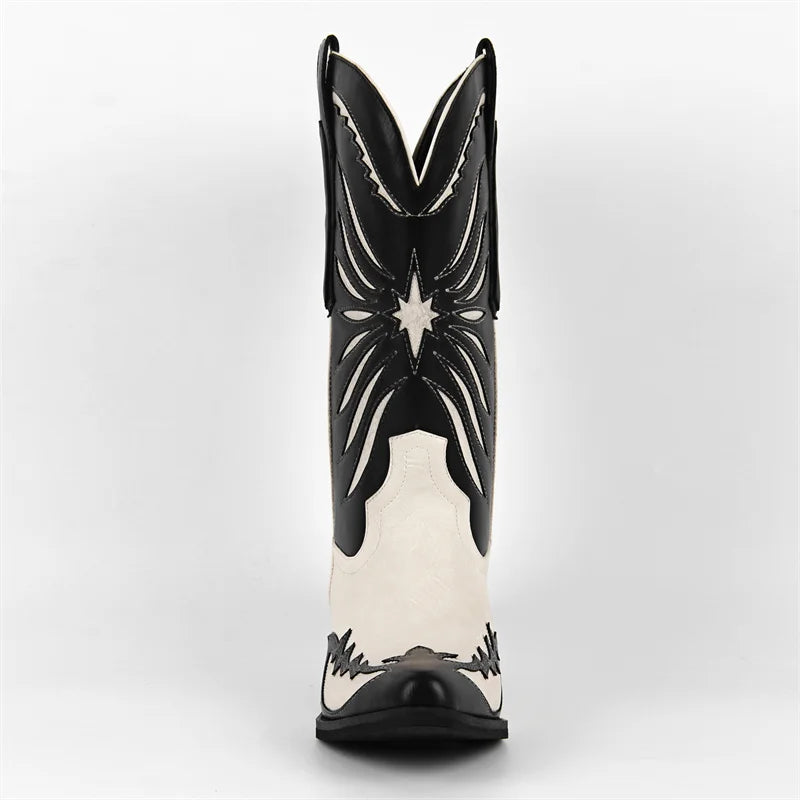 Onlymaker Women Western Cowboy Boots Pointed Toe Embroidered  Block Heel Fashion Pull-On Cowgirl Boots