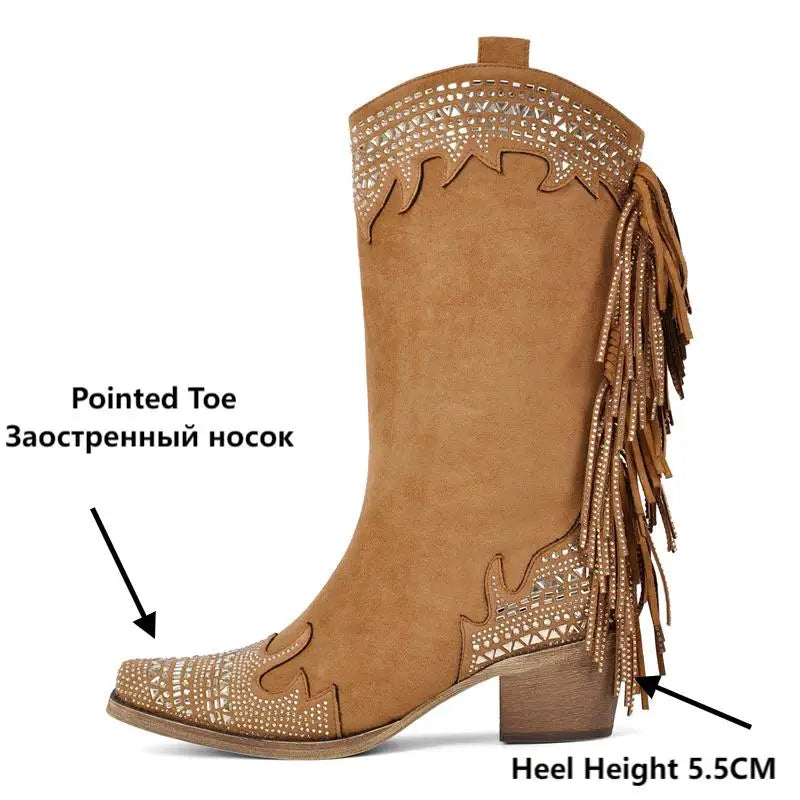 Women Pointed Toe Fringe Side Zipper Retro Western Cowgirl Boots Fringed Chunky Heel Embroidery Cowboy Boots