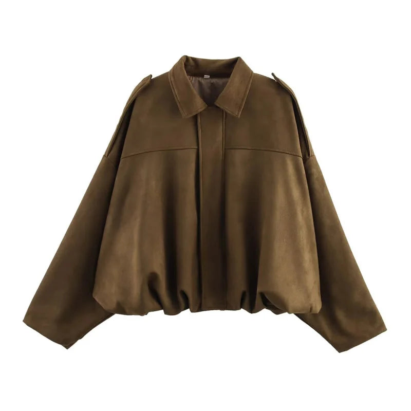 2025  Spring new women's suede texture effect Loose version of fashion lapel shoulder bomber jacket