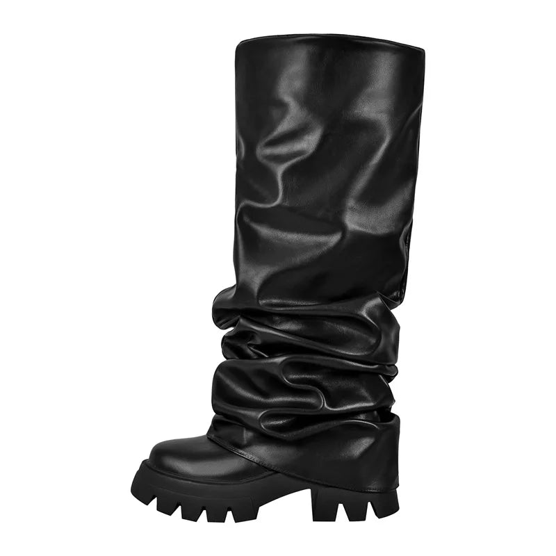 Onlymaker Women Green Round Toe Fold Over Boots Webs Fashion Handmade Female Mid-Calf Boots