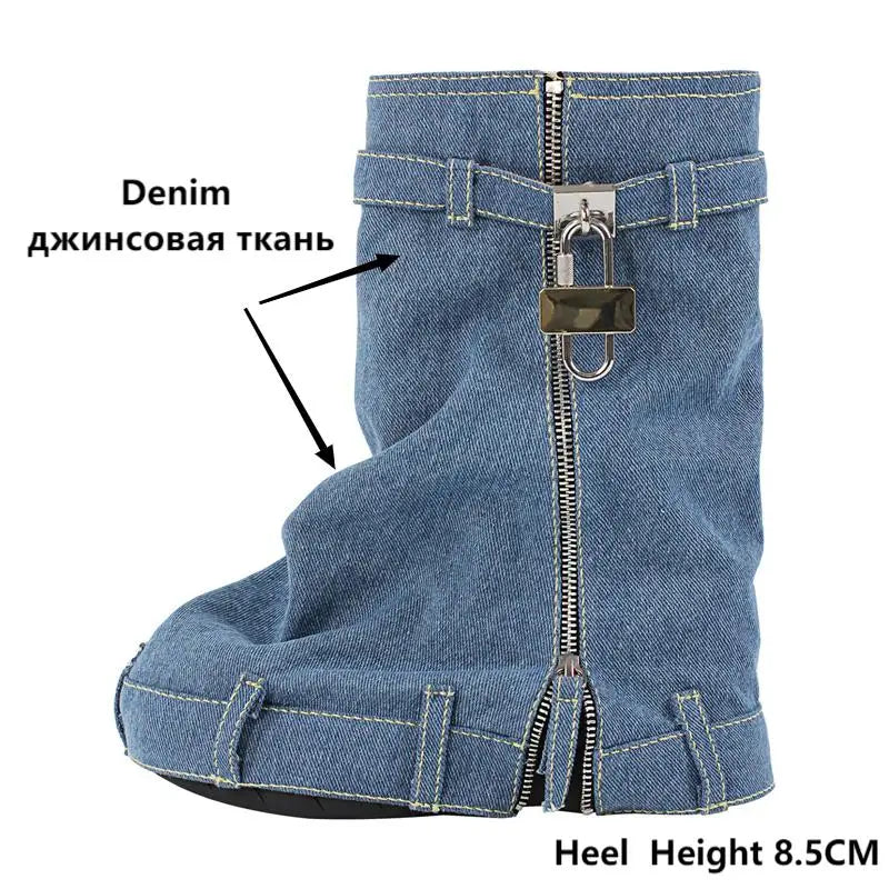 Women Denim Ankle Boots Lock Shark Boots Zipper Washed Cloth Create Old Design Wedge Heel Thick Fashion  Booties