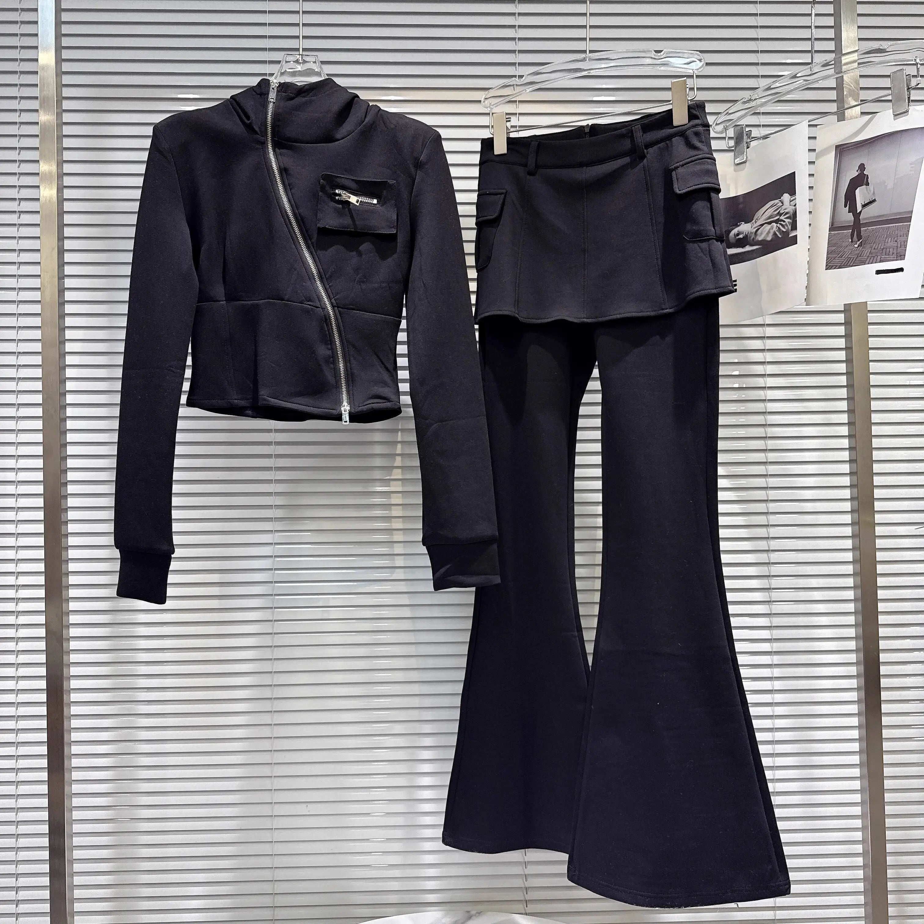 2025 Autumn New Women's Two-pieces Set Diagonal Zipper Hooded Sweatshirt Slim Fit Flared Pants Female Trendy 11A06593