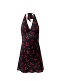 2026 Autumn New European And American Style French Leaky Back Retro Cherry Print Halter Dress Street Style Women's Floral Skirt