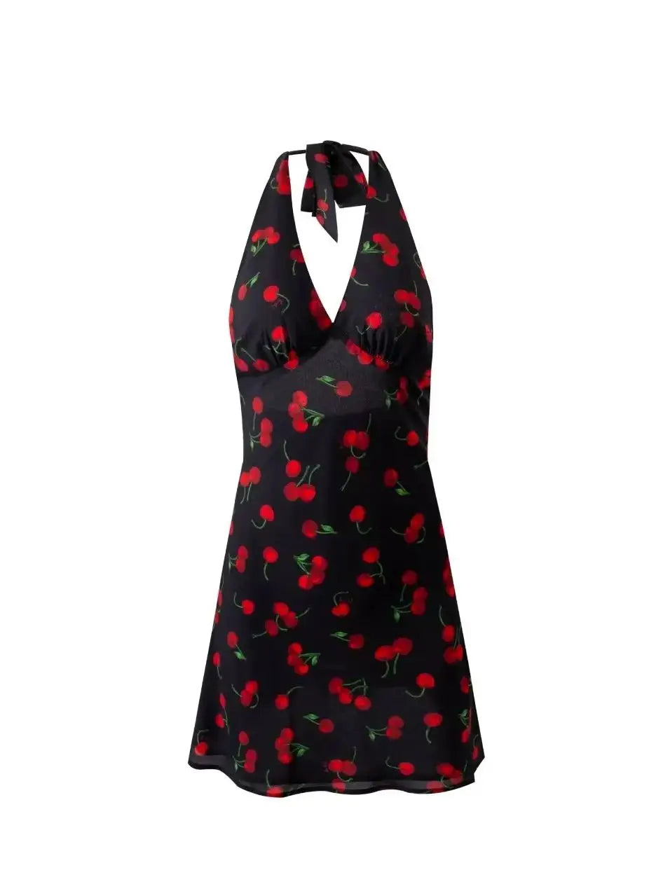 2026 Autumn New European And American Style French Leaky Back Retro Cherry Print Halter Dress Street Style Women's Floral Skirt