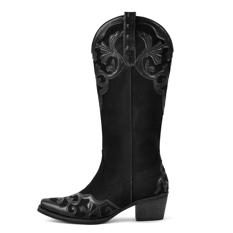 Onlymaker Women Pointed Toe Cow print Pull On Knee High Western Cowgirl Boots Chunky Heel Cowboy Boots