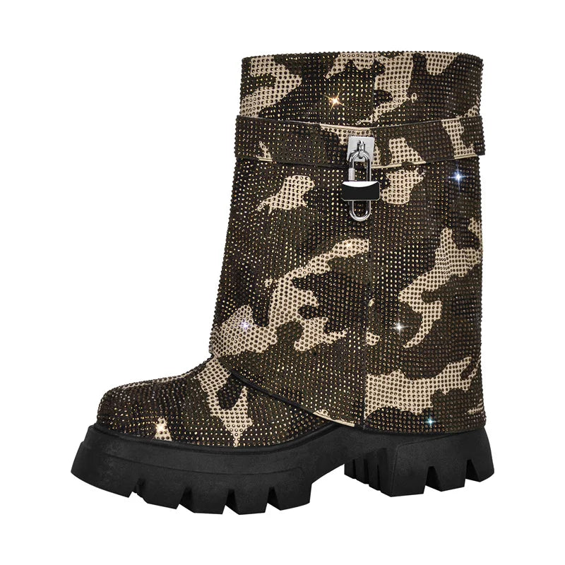 Women Fold Over Rhinestone Trim Boots Round Toe Handmade Female Side Zipper Mid-Calf Boots