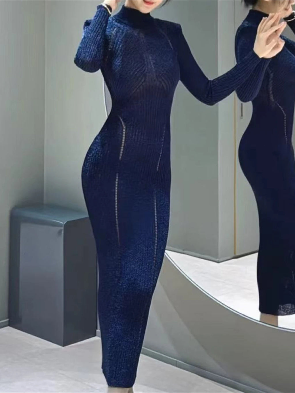 Women's stand collar stretch knit dress long sleeve